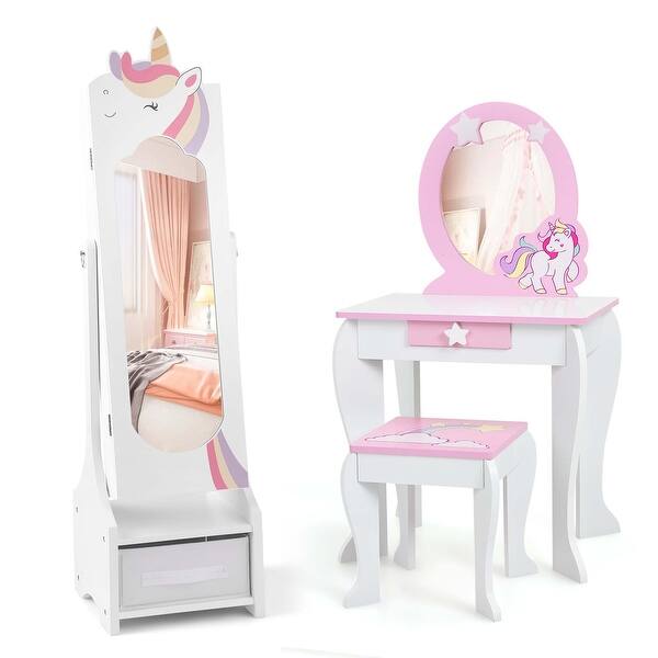 slide 2 of 18, Costway Kids Vanity Set Princess Makeup Dressing Table & Chair Set - See Details White