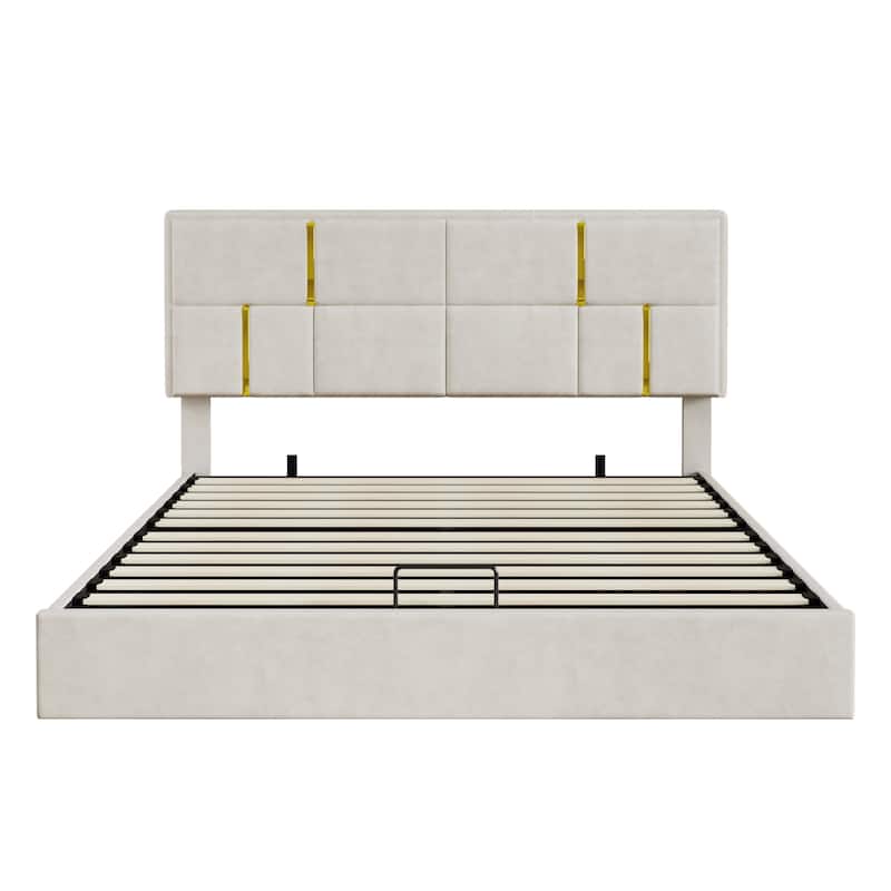Luxury Lift-Up Queen Upholstered Platform Frame with Hydraulic Storage and Modern Gold Accents by Harper&Bright Designs