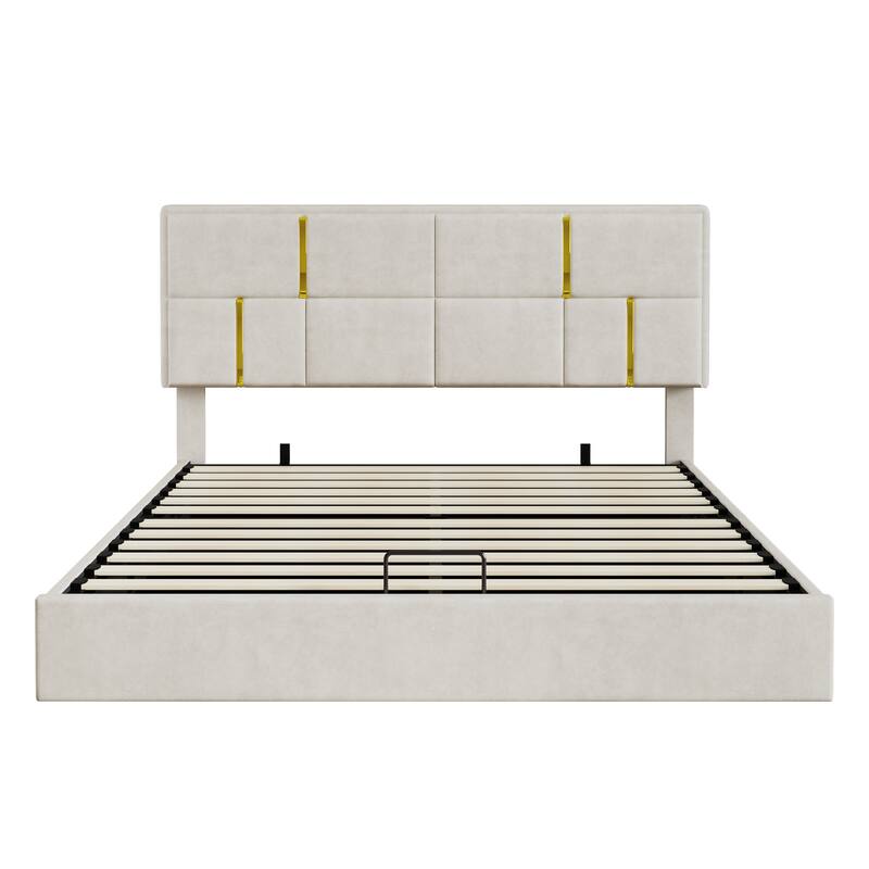 Roomfitters Queen Upholstered Platform Bed with Hydraulic Storage Lift, Modern Bed Frame, No Box Spring Required