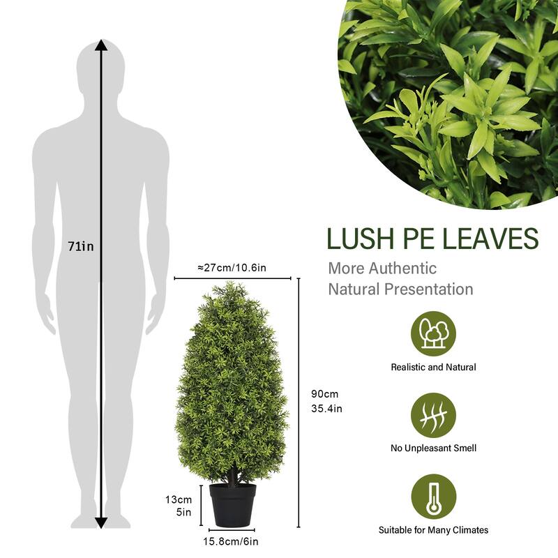 90cm Artificial Boxwood Cone Tree Faux Shrub for Outdoor Planter and Entryway Décor 2pcs/set