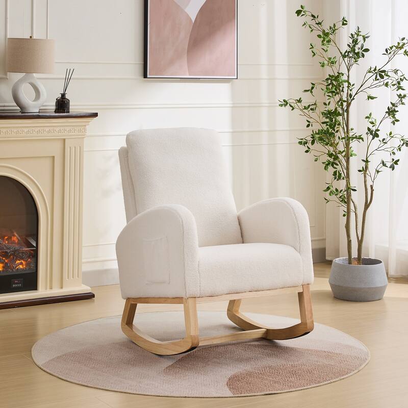 27.2"W Rocking Chair, Sherpa Glider Chair with High Back and Side Pocket, Rocking Accent Armchair with Rubber Wood Legs