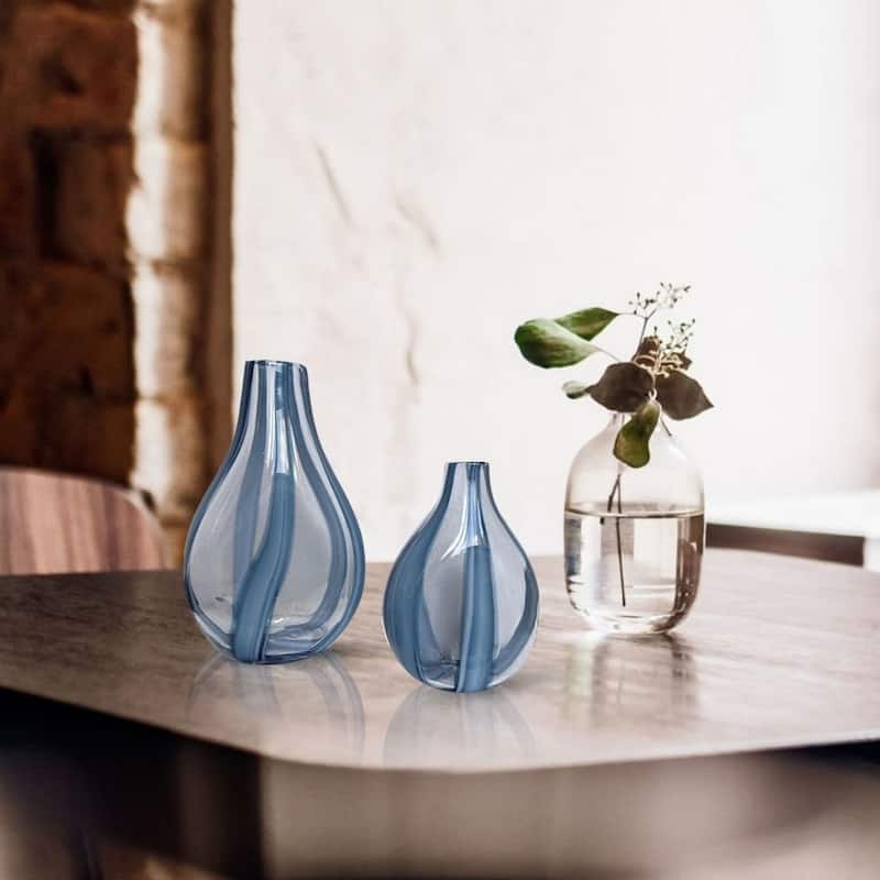Set of Two Tear Drop Striped Glass Vases in Blue