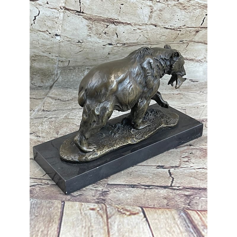 Bronze Grizzly Bear Hunting Fish River Sculpture Art Figurine Marble Base Figure