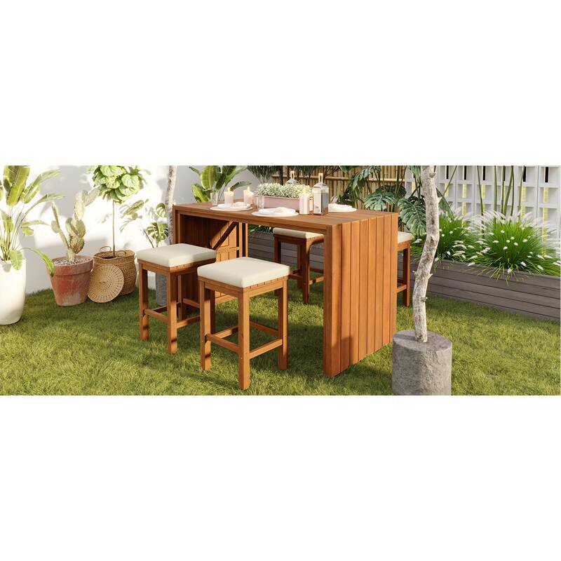 Roomfitters 5 Piece Outdoor Bar Set with High Top Dining Table and 4 Cushioned Backless Stools, Patio Furniture, Beige+Natural