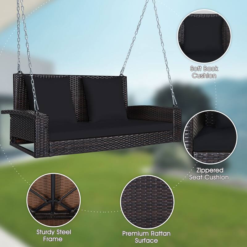 Costway 2-Person Patio Rattan Hanging Porch Swing Bench Chair Cushion
