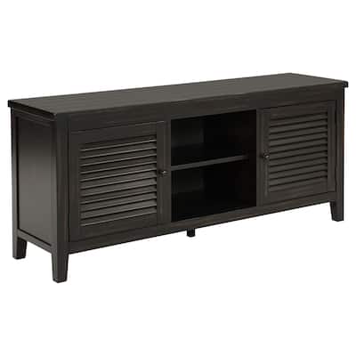 Coni TV Stand Media Cabinet, 2 Door and Shelves, Black Wood 60 Inch