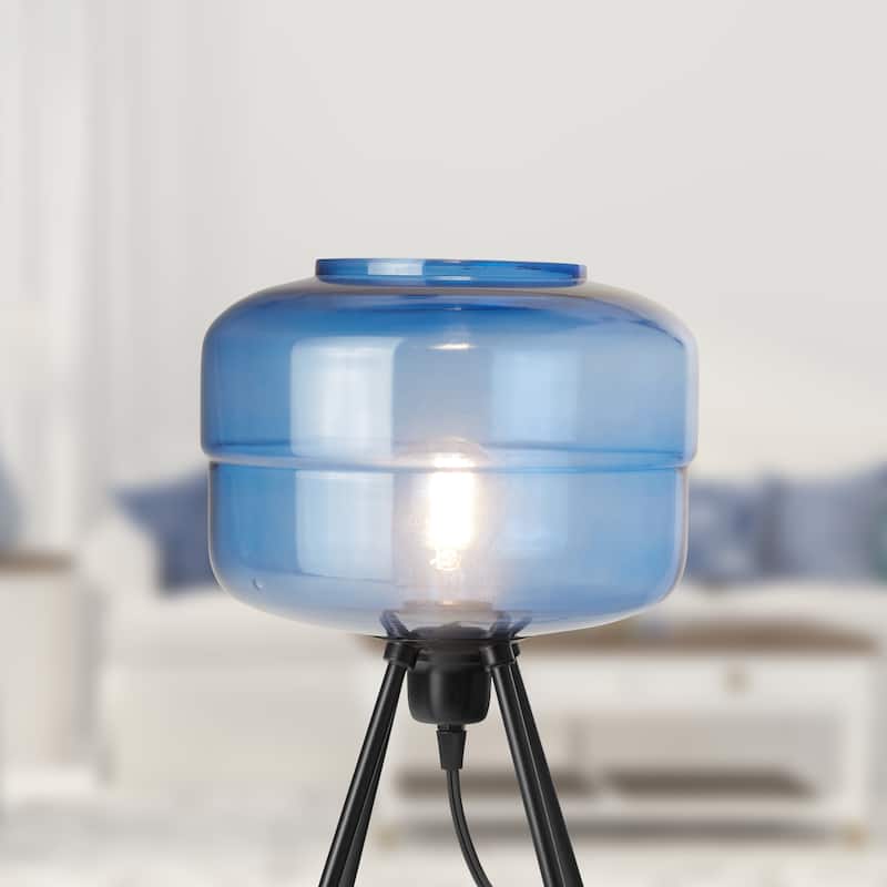 Peyton River of Goods Blue and Black Glass and Metal 15-Inch Table Lamp with Globe Shade - 9.75" x 9.75" x 15"
