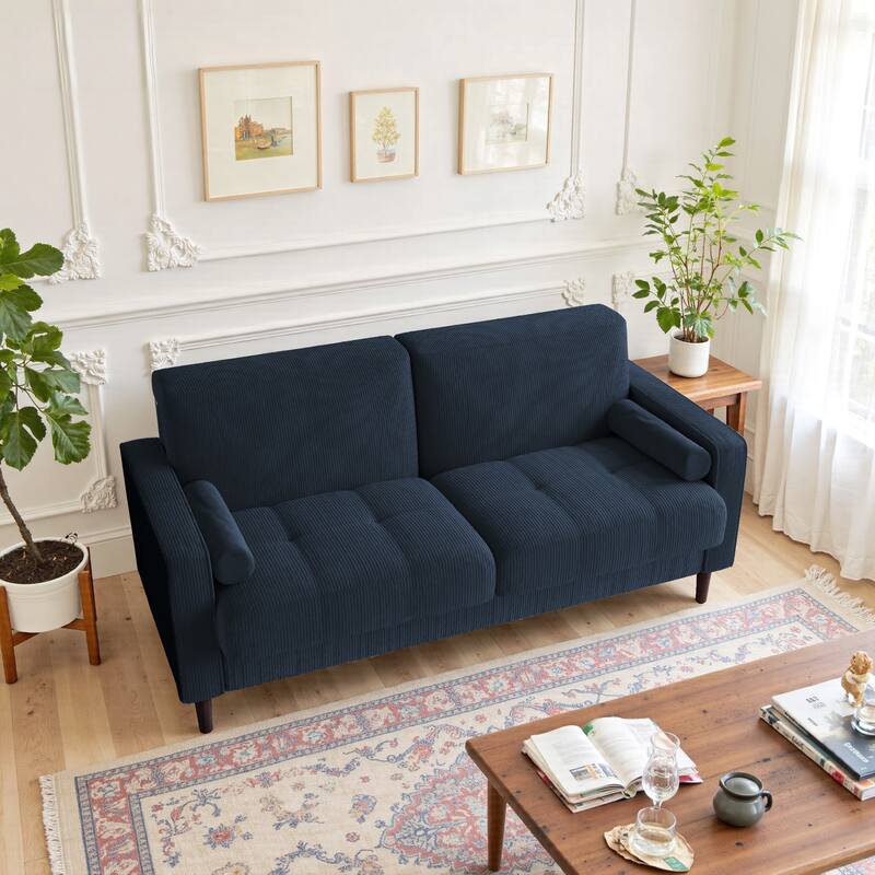Modern Corduroy Upholstered Loveseat with Bolster Pillows and Wood Legs