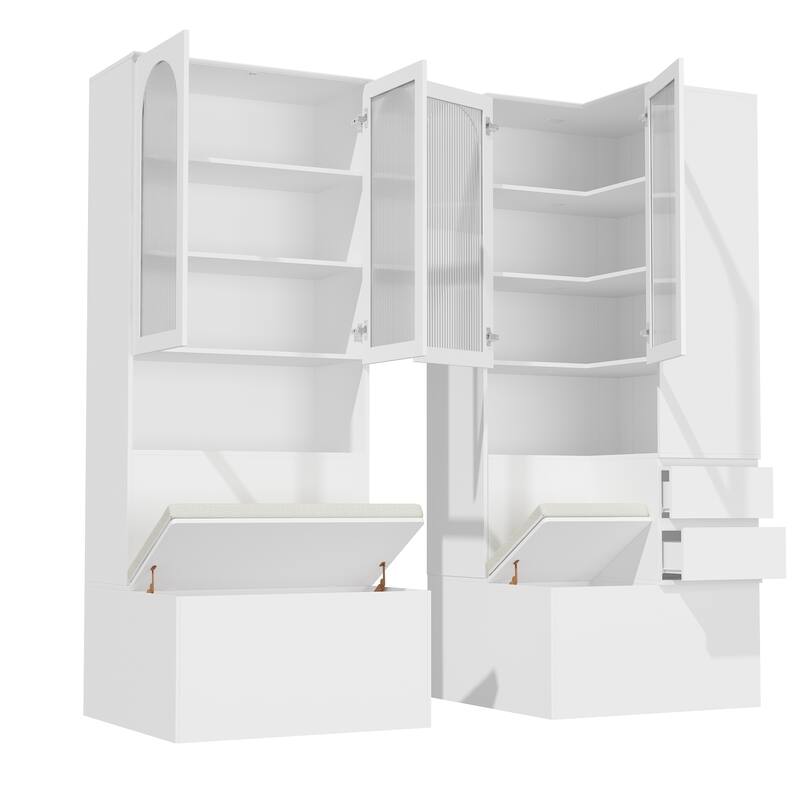 Entryway Cabinet Tempered Glass DoorsStorage Bench with Cushion, Modern Mudroom Hall Tree Organizer with Hidden Storage