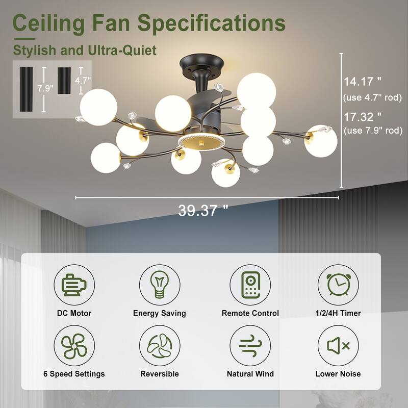 Ceiling Fan with Milky Glass Globe Shade, Modern Low Profile Reversible Fandelier for Bedroom