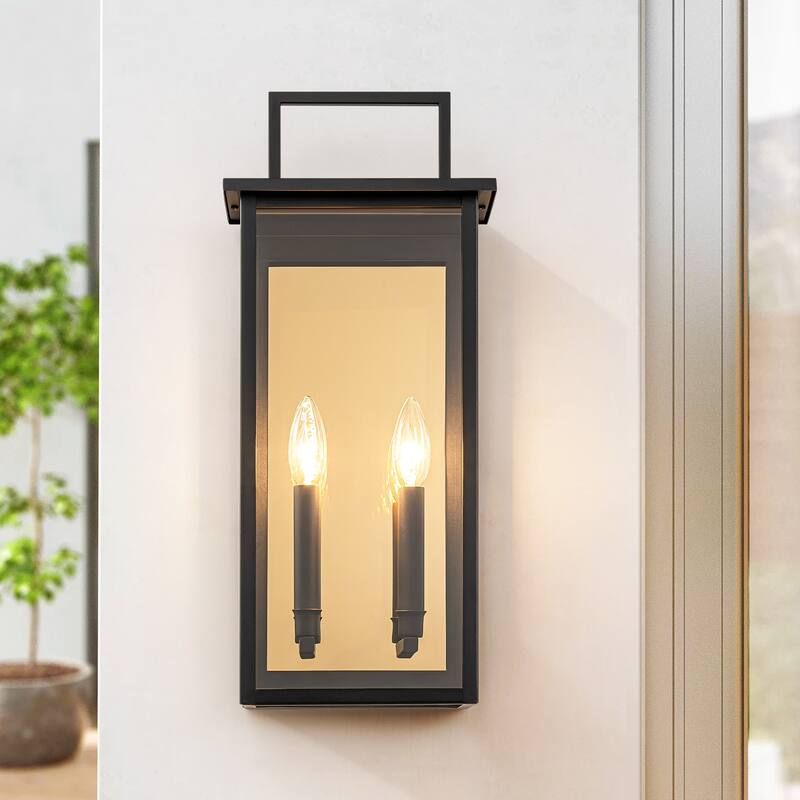 2-Light Modern Black Wall Light Clear Glass Waterproof Lantern Outdoor Wall Sconce - Black