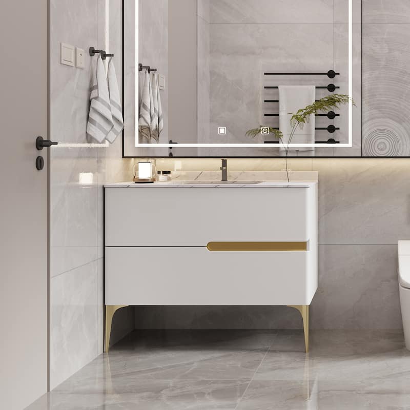Modern Bathroom Vanity Ceramics Single Sink Freestanding With 2 Drawers