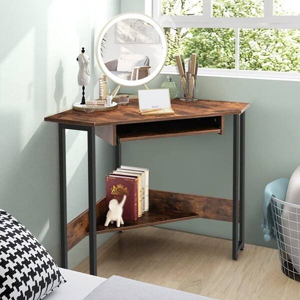 Triangle Corner Computer Desk Small Desk Keyboard Tray & Shelves Bed