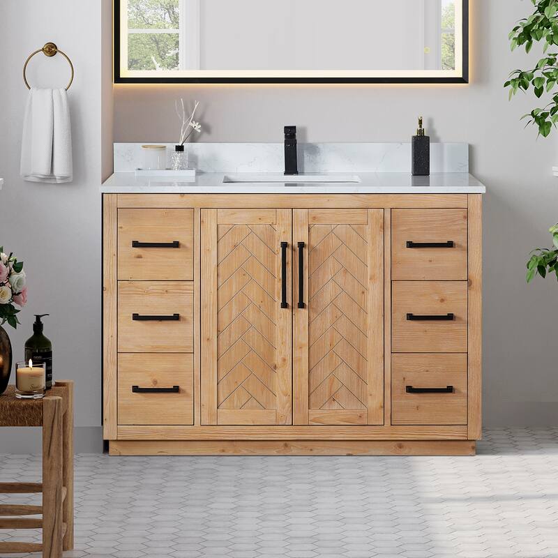 Anais 3Single Bathroom Vanity in Light Brown with Grain White Engineered Stone Countertop without Mirror