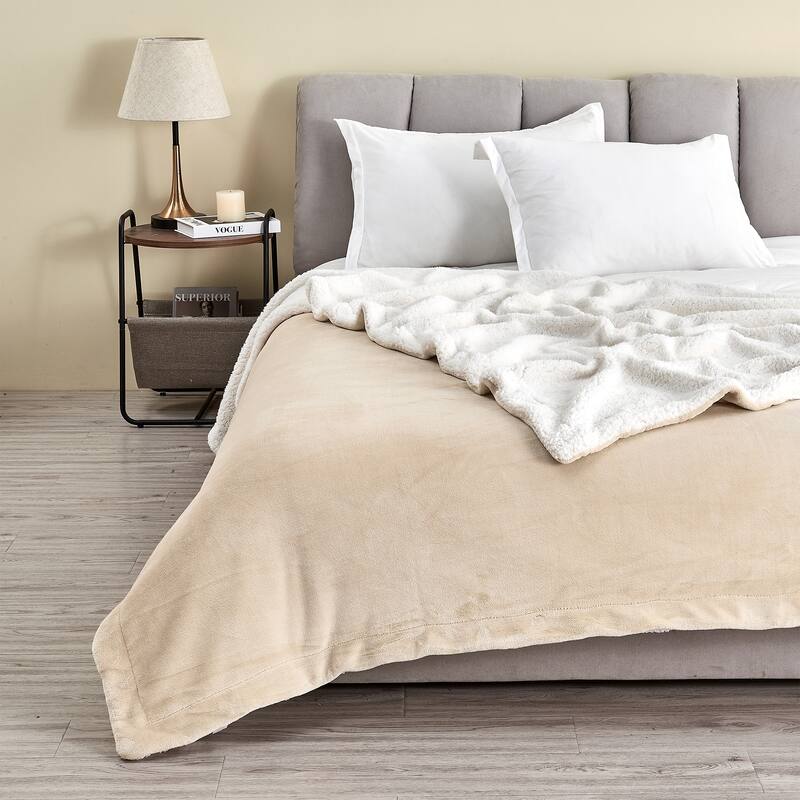 Luxurious Velvet Plush Fleece Reversible Sherpa Bed Blanket - Twin - Tan
