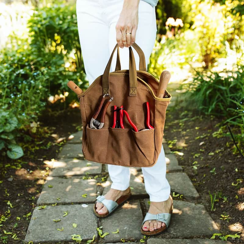 Kings County Tools 12x14-inch Waxed Canvas Tote Bag Gardening Tool Caddy with Pockets
