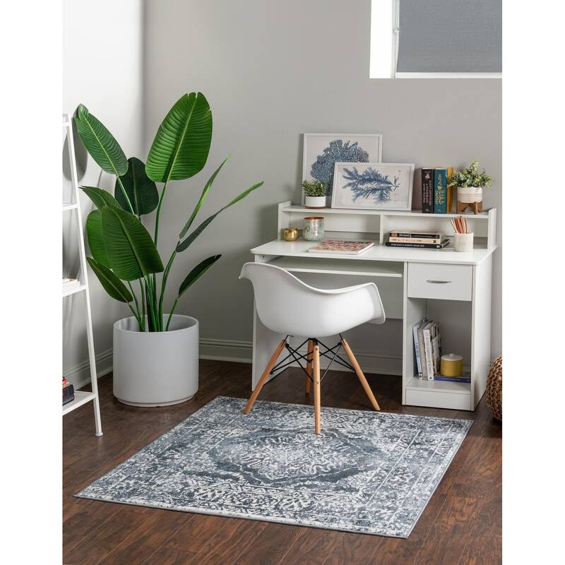 Contemporary Trabzon Collection Area Rug - Blue-Ivory - 4' Square