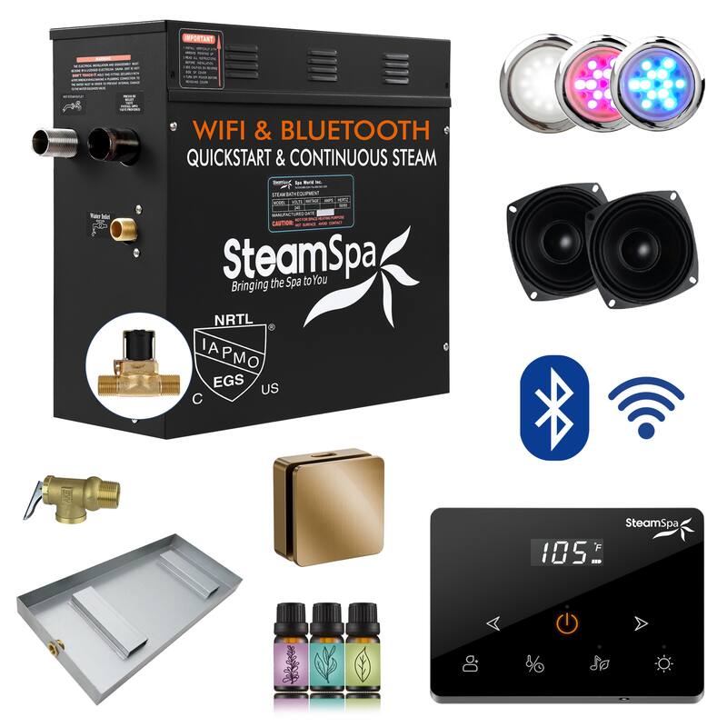 Black Series 9KW Steam Bath Generator with Fully Wireless Remote, BLUETOOTH, WIFI, and Auto Drain - 9 KW - Gold