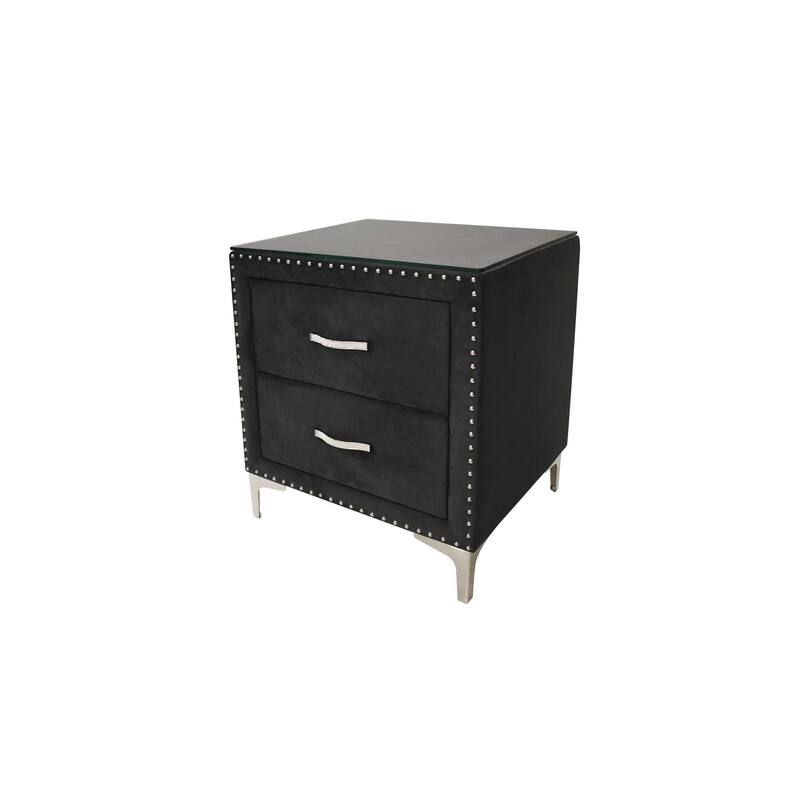 Black Nightstand with Tempered Glass Top and Upholstered Design
