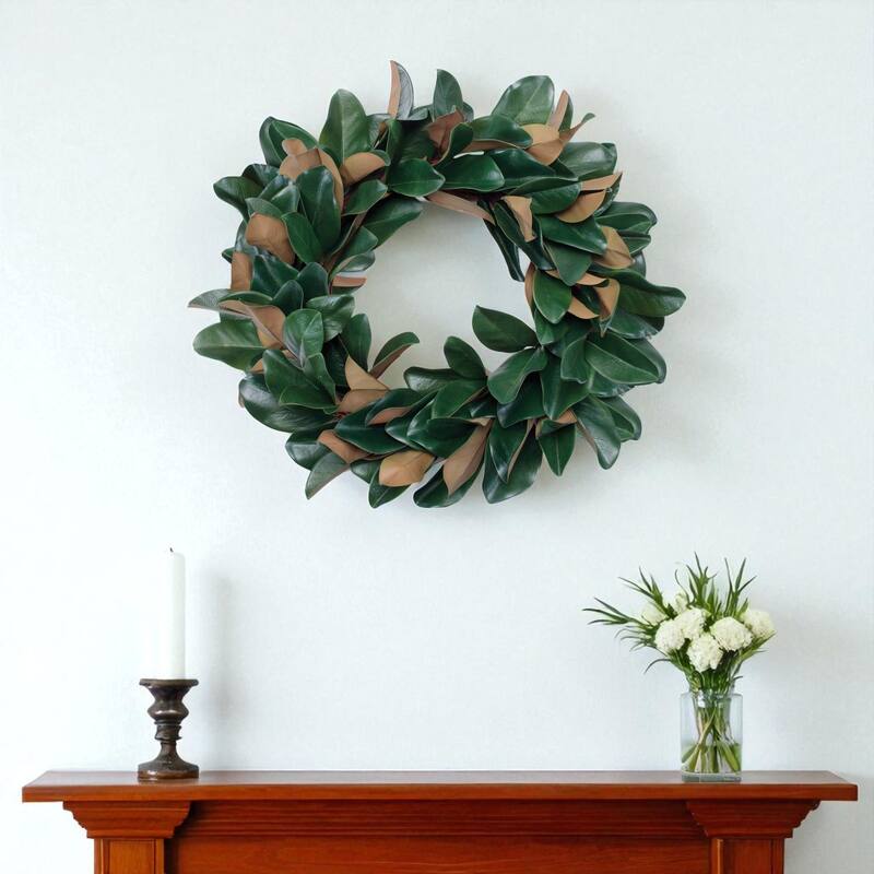 HomeRoots 25" Green And Beige Magnolia Artificial Wreath - Beige/Green - 24.50 in. x 24.50 in.  x 6.50 in.