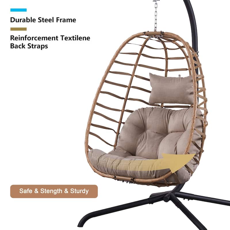 Foldable Wicker Hanging Egg Chair with Stand