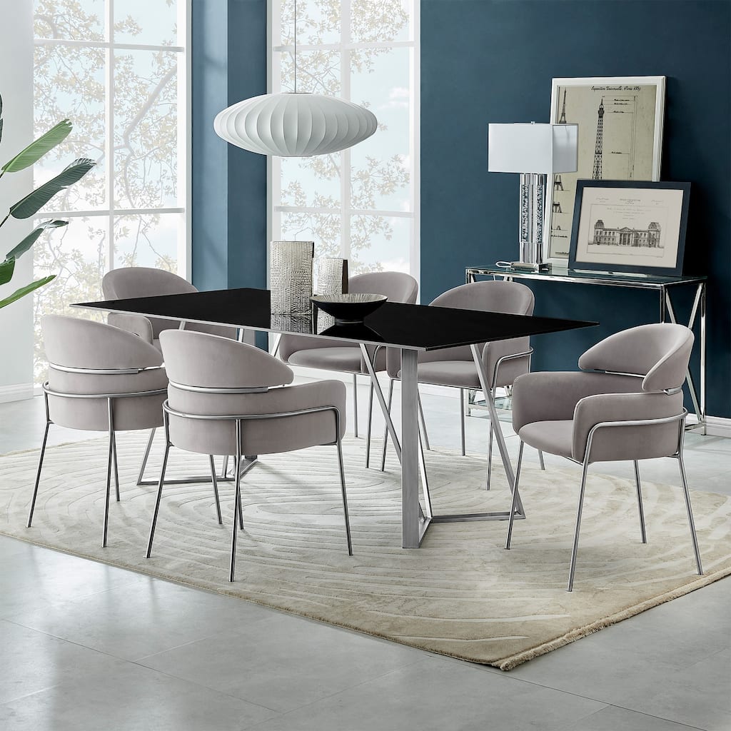 Cressida Portia 7 Piece Dining Set with Black Glass Table Top and Velvet Chairs