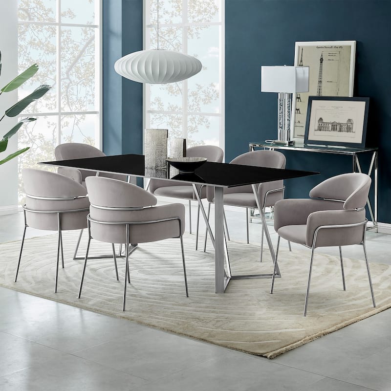 Portia Grey or Blue Velvet and Brushed Stainless Steel Dining Chairs - Set of 2