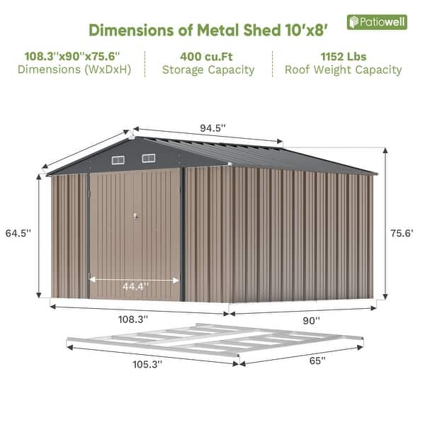 dimension image slide 4 of 12, Patiowell 10' x 8'/10' x 10'Metal Outdoor Storage Shed with Goods Shelves/Floor Frame Garden Tool Shed for Backyard Garden