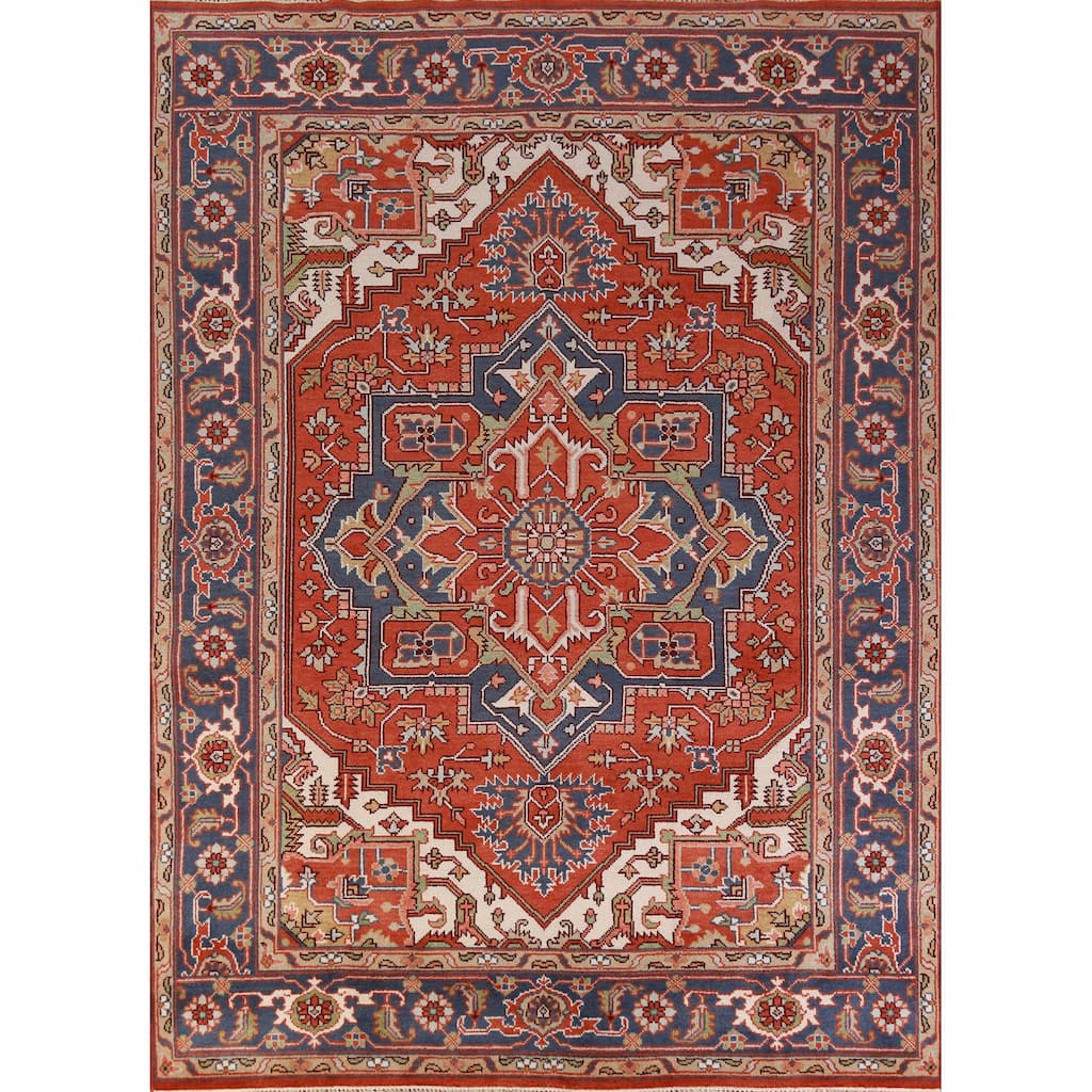 Hand Knotted Oriental 100% Wool Carpet Traditional Medallion Oranges & Rust Heriz (serapi) Area Rug - 11' 9'' X 8' 9''