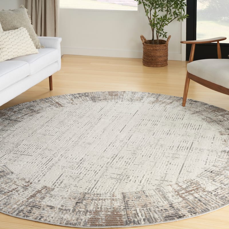 Nourison Elation Abstract Modern Ivory Grey Area Rug - 7'10" x round - Ivory Grey