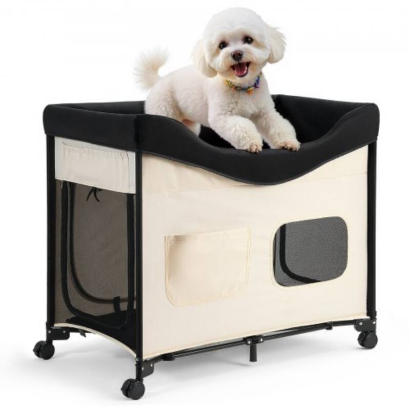Beige Carbon Steel Dual-Level Pet Bed with Wheels and Foldable Design