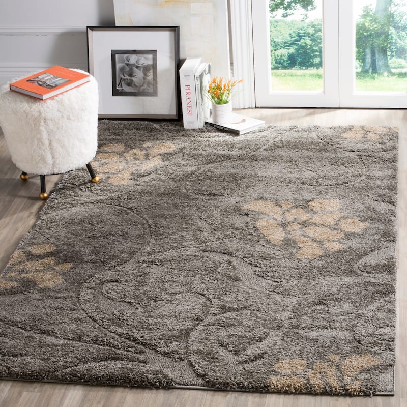 SAFAVIEH Florida Shag Nanny Floral Scroll 1.2-inch Thick Rug - 5'3" x 7'6" - Grey/Beige - Rectangle