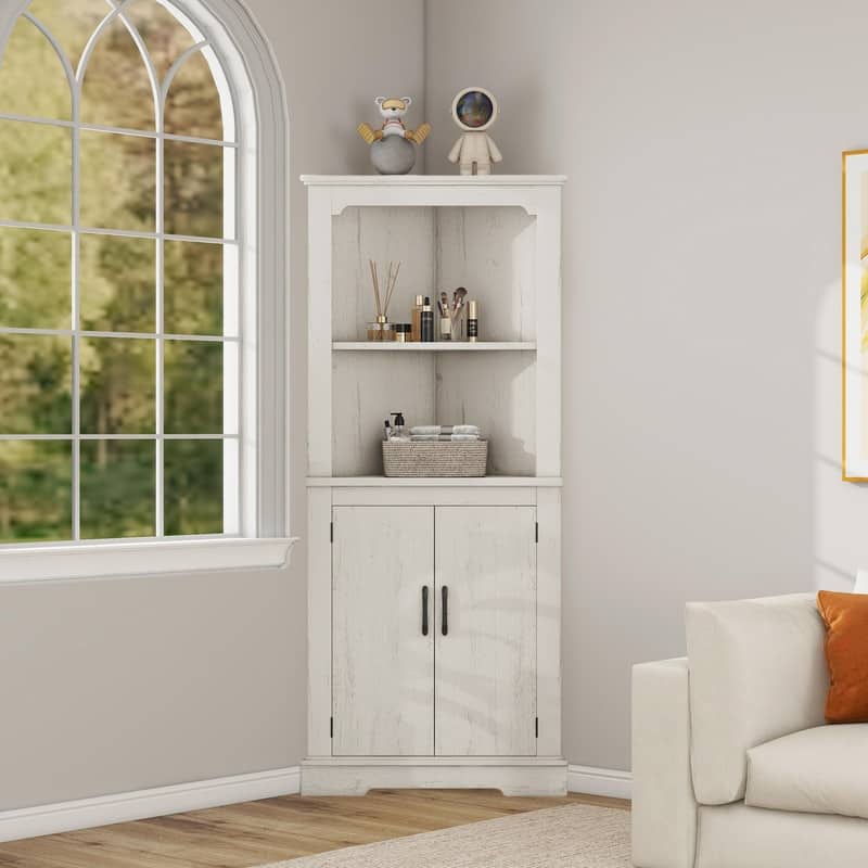 Corner Accent Cabinet with Barn Door & Open Shelves, Freestanding Corner Storage Cabinet