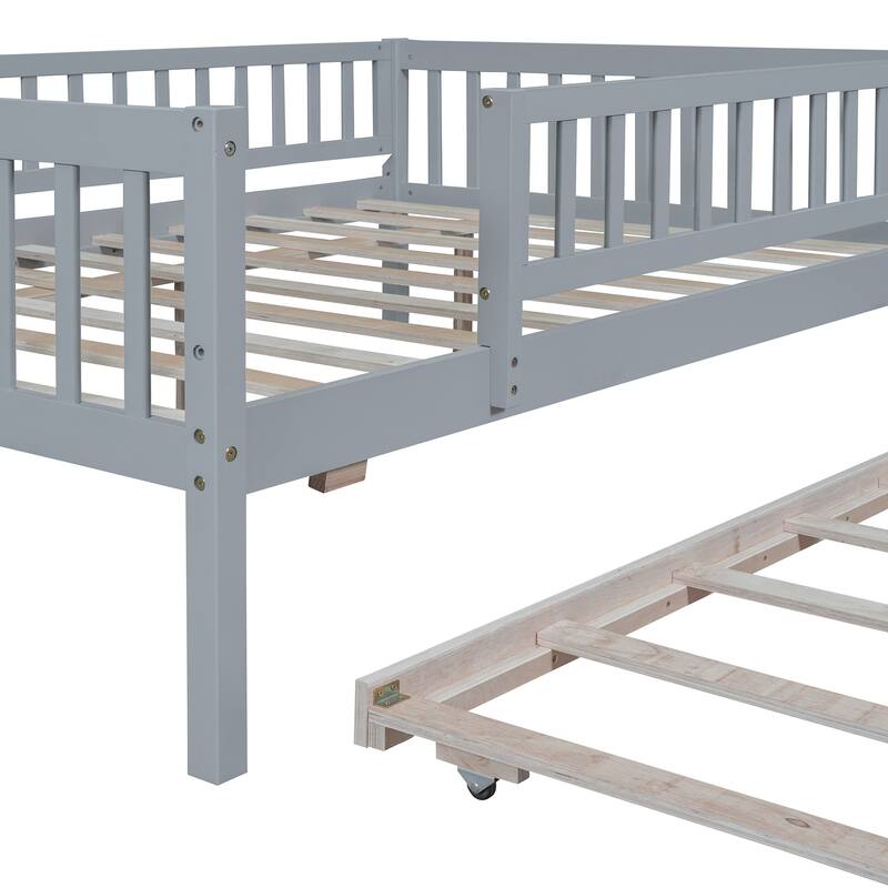 Full Size Wood Daybed with Trundle and Fence Guardrails, Space-Saving Design