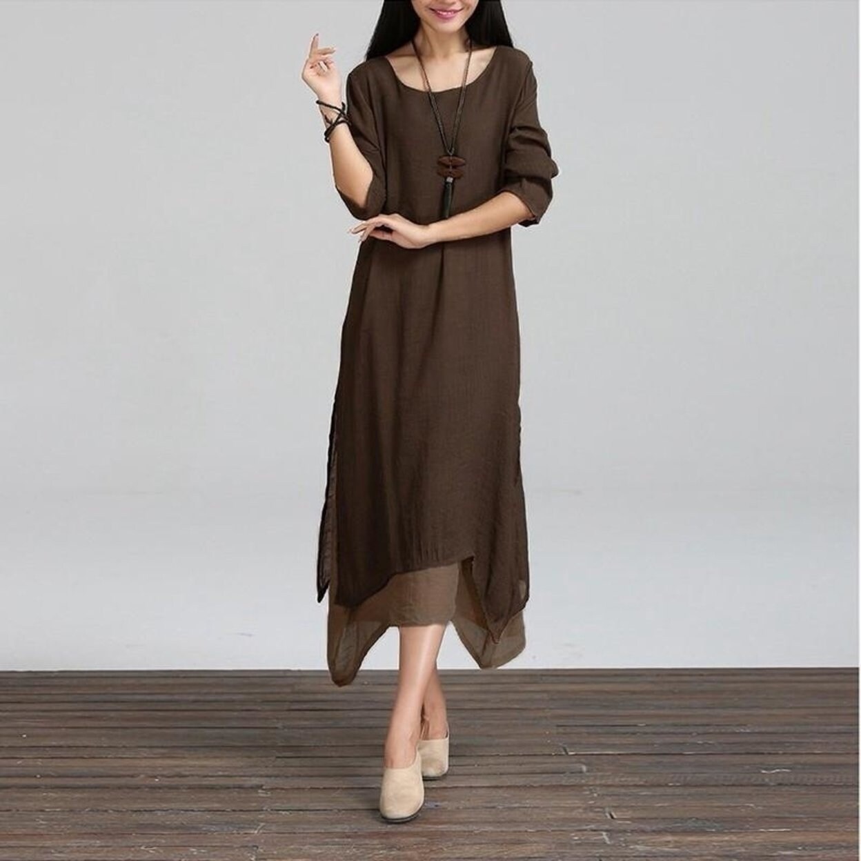 Shop 2018 Autumn Women Cotton Linen Vintage Dress Ladies O Neck