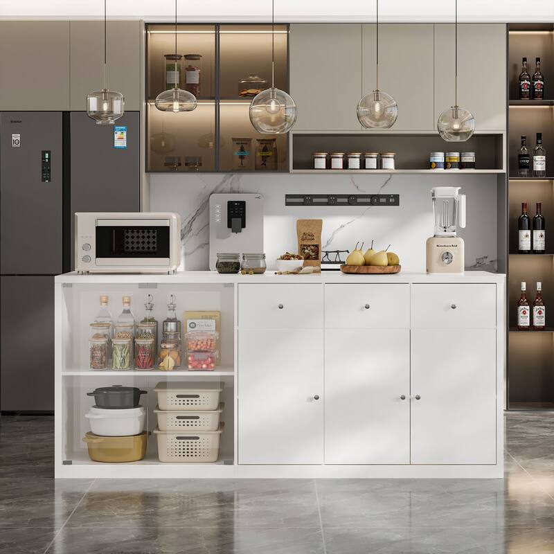 Modern Kitchen Island Buffet Cabinet with Storage Drawers and Tempered Glass Shelves, White Sideboard Cupboard