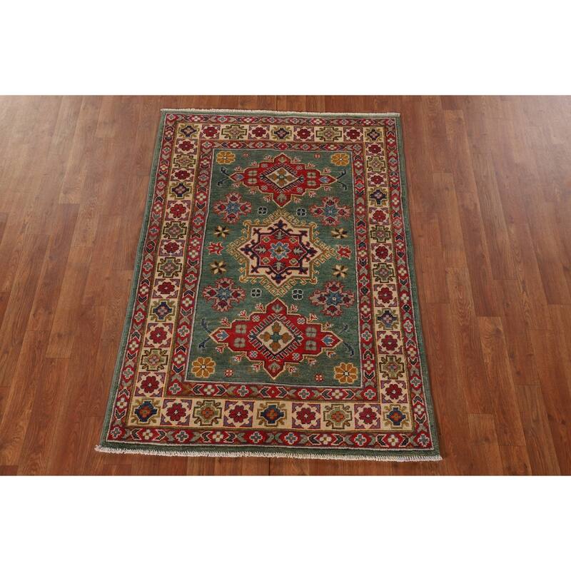 Green Geometric Kazak Accent Rug Handmade Oriental Wool Carpet - 3'4"x 4'10"