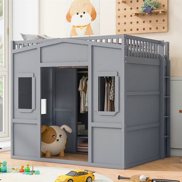 slide 2 of 22, Full Size House Loft Bed With Ladder and Wardrobe