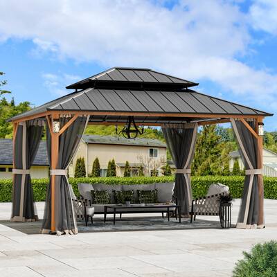 Permanent Hardtop Gazebo 12' x 14' wiith 4 LED Lights,with Galvanized Steel Double Roof, Mosquito Nettings, Wood-Looking