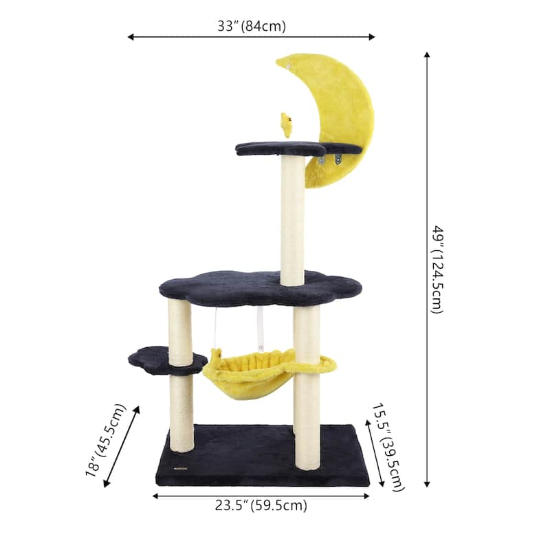 Aurora 49" 3-Tier Modern Sisal Moon And Stars Cat Tree with Scratching Posts, Basket, and Fuzzy Bell Toys, Navy/Yellow/White