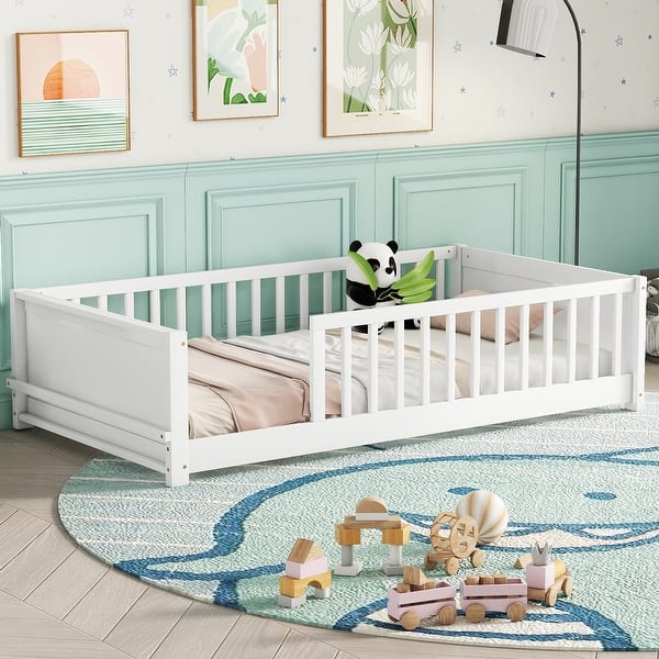 slide 2 of 21, Twin Size Floor Platform Bed with Built-in Book Storage Rack, White White