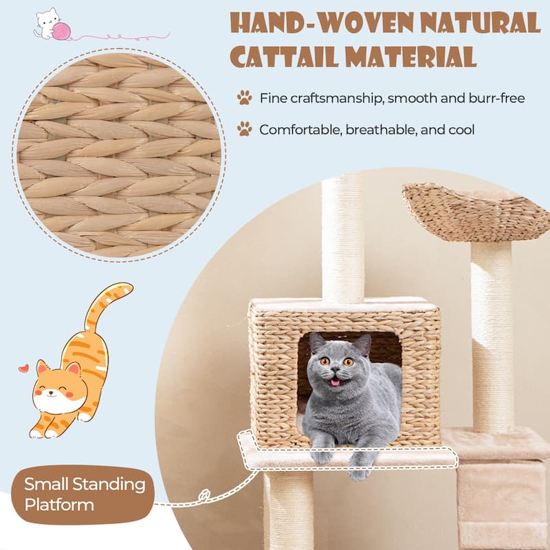 48 Inch Cattail Cat Tower with Sisal Scratching Posts Perch and Condo - 24” x 19” x 48“(L x W x H)
