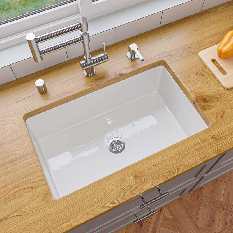ALFI brand ABF3018UD-W White 30" x 18" Fireclay Undermount / Drop In Fireclay Kitchen Sink