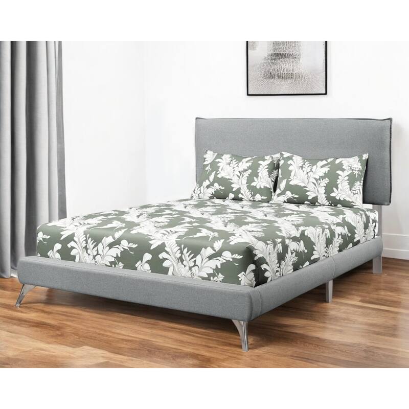 HomeRoots Gray Solid Wood Queen Upholstered Linen Bed Frame with Nailhead Trim - Queen