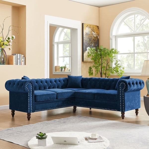 Chesterfield Sectional Sofas Button Tufted Upholstered LShaped Sofa with 3 Pillows Included and