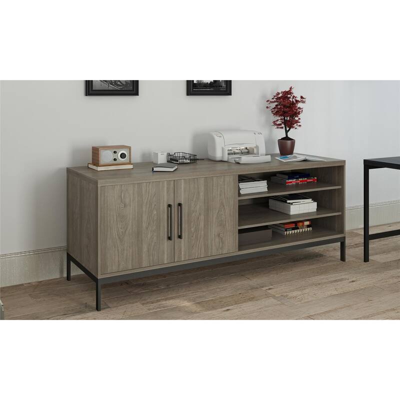 Roomfitters Parkside Credenza Sideboard with Sliding Doors and Built-In USB Power Hub, Light Oak Finish - Light Oak