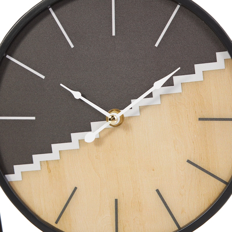 Black Wooden Geometric Decorative Clock with Brown Wood Accents