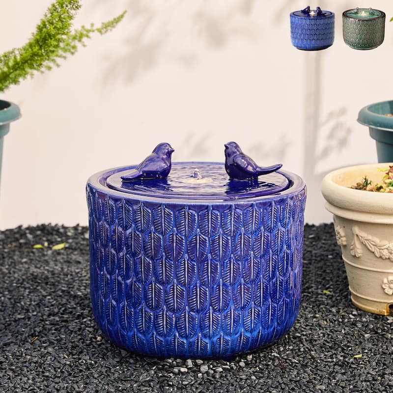 Glitzhome 15"H LED Ceramic Birdbath Outdoor Fountain with Two Birds & Leaf Pattern