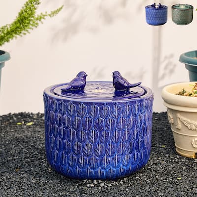 Glitzhome 15"H LED Ceramic Birdbath Outdoor Fountain with Two Birds & Leaf Pattern