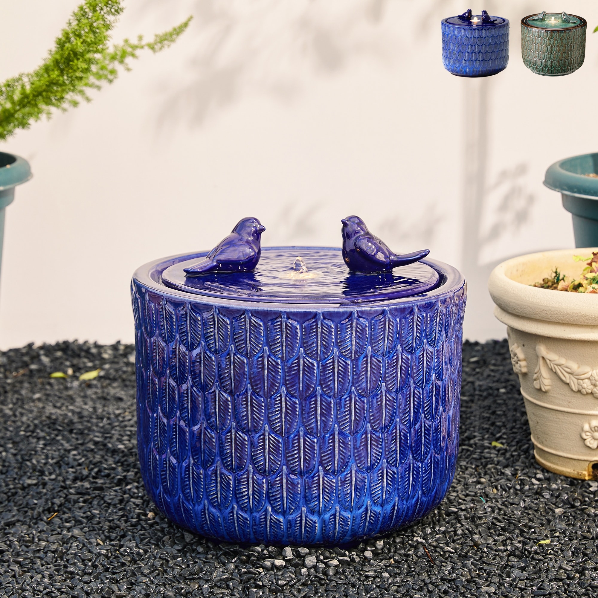 Glitzhome 15"H LED Ceramic Birdbath Outdoor Fountain with Two Birds & Leaf Pattern for Patio Porch Deck Backyard